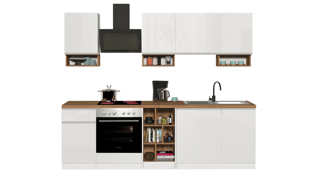 Cucina Lineare SOLE 256 cm - Bianco Lucido e Rovere, Design Moderno Made in Italy