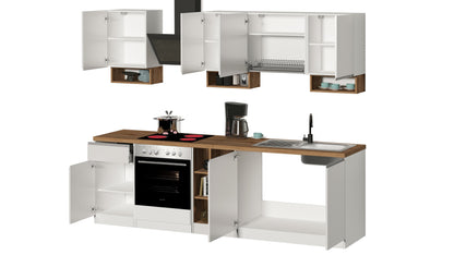 Cucina Lineare SOLE 256 cm - Bianco Lucido e Rovere, Design Moderno Made in Italy