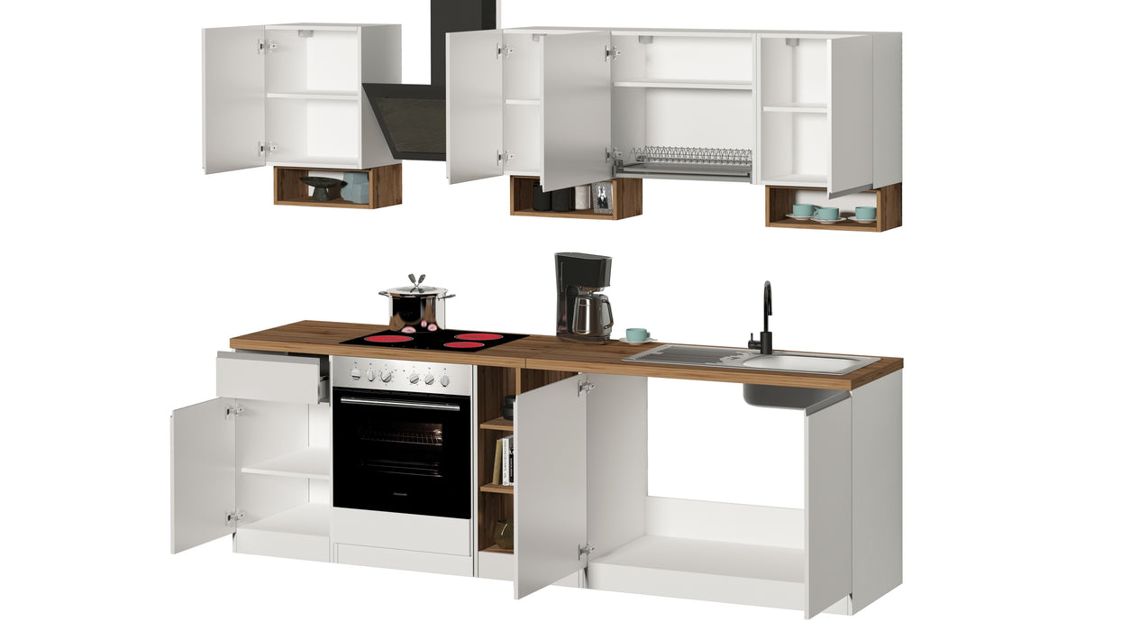 Cucina Lineare SOLE 256 cm - Bianco Lucido e Rovere, Design Moderno Made in Italy