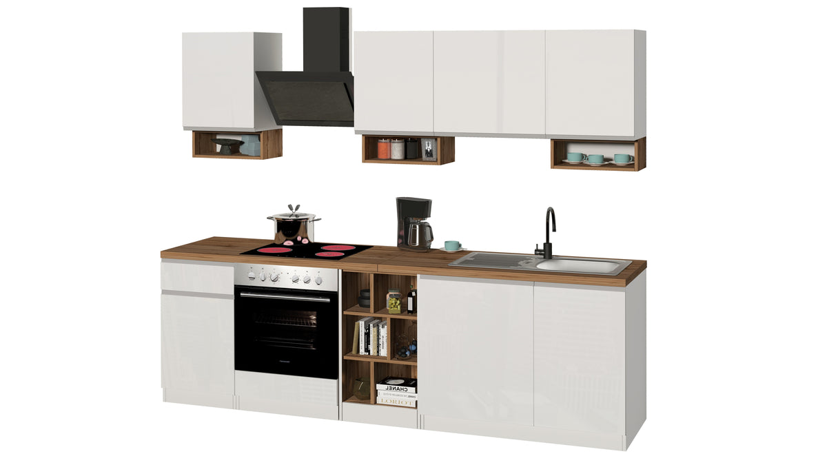 Cucina Lineare SOLE 256 cm - Bianco Lucido e Rovere, Design Moderno Made in Italy