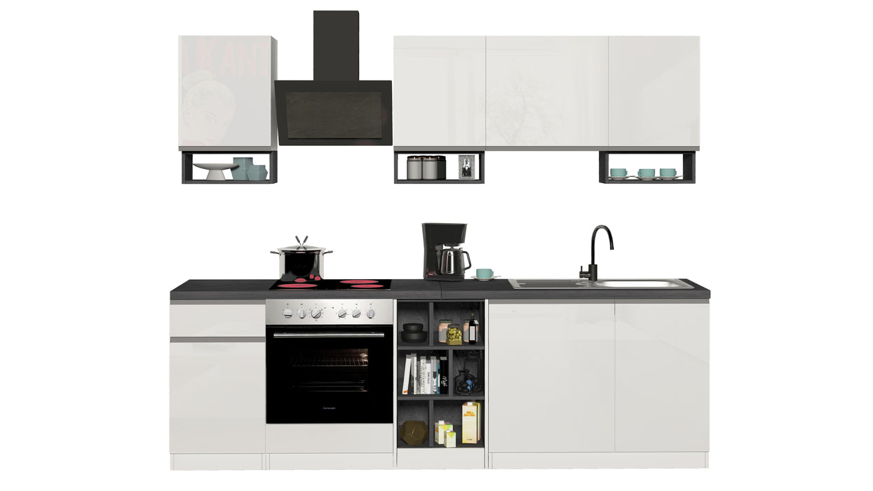 Cucina Lineare SOLE 256 cm - Bianco/Report, Top Elegante 35 mm