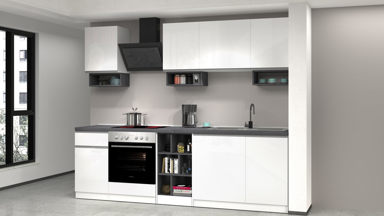 Cucina Lineare SOLE 256 cm - Bianco/Report, Top Elegante 35 mm