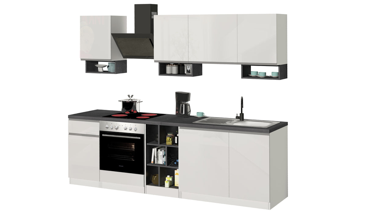 Cucina Lineare SOLE 256 cm - Bianco/Report, Top Elegante 35 mm