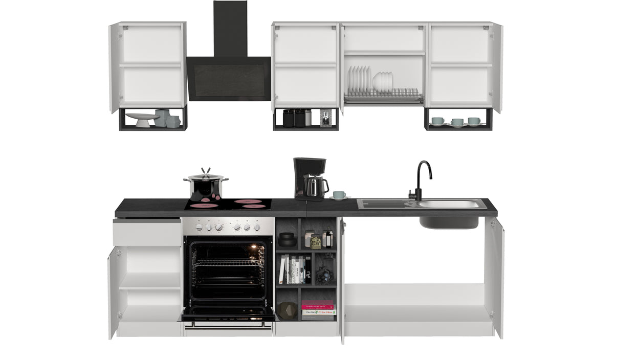 Cucina Lineare SOLE 256 cm - Bianco/Report, Top Elegante 35 mm