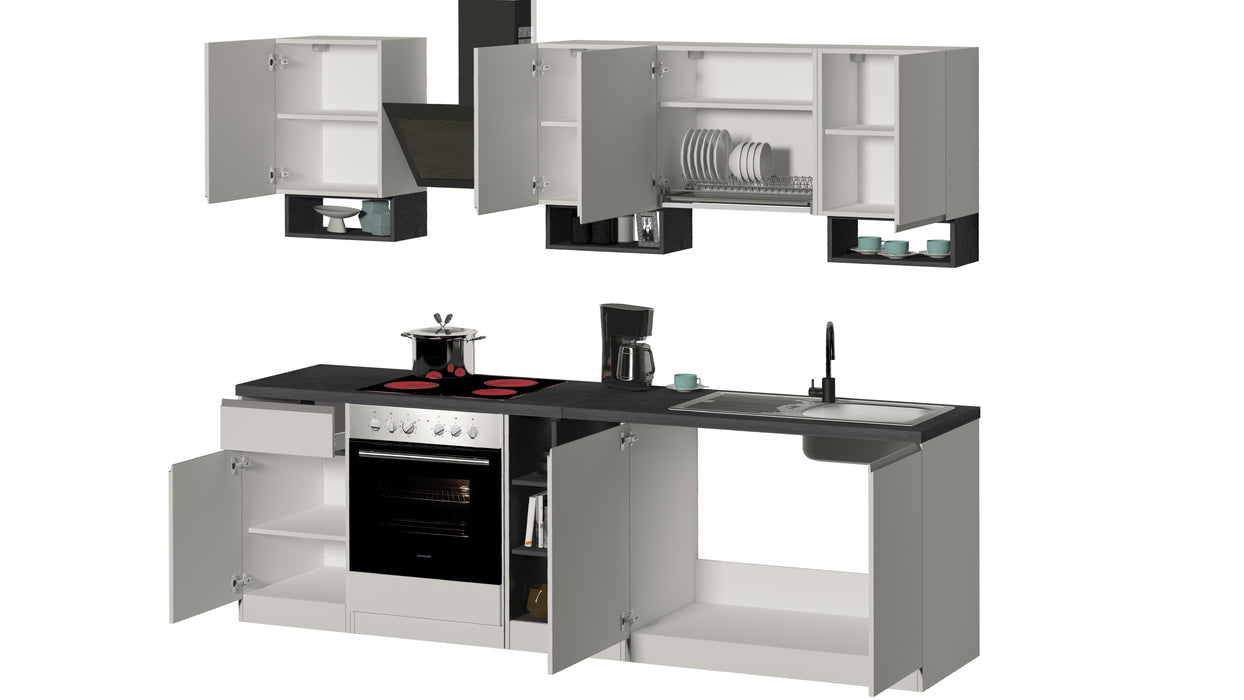 Cucina Lineare SOLE 256 cm - Bianco/Report, Top Elegante 35 mm