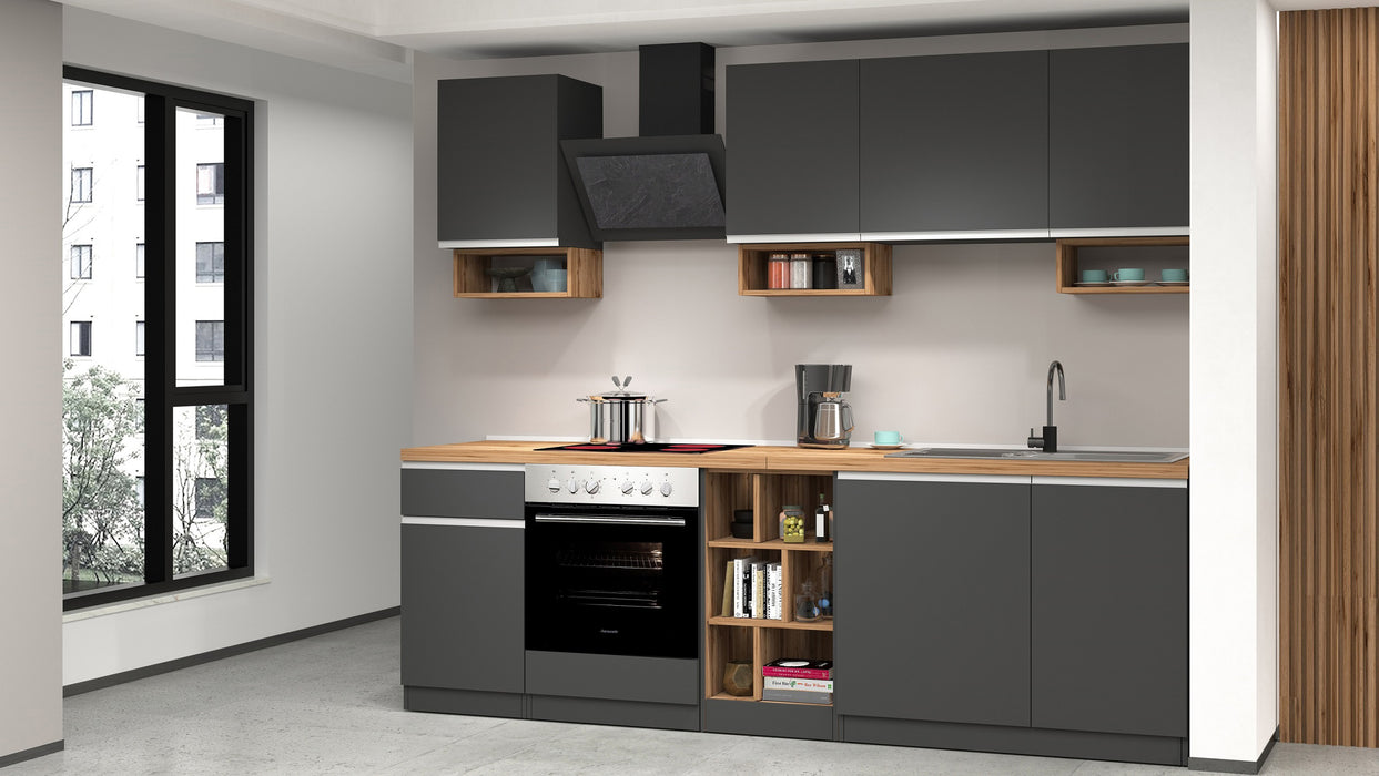 Cucina Lineare SOLE 256 cm - Antracite/Rovere Wotan, Top 35 mm
