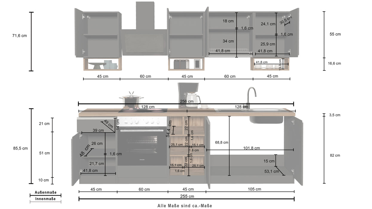 Cucina Lineare SOLE 256 cm - Antracite/Rovere Wotan, Top 35 mm