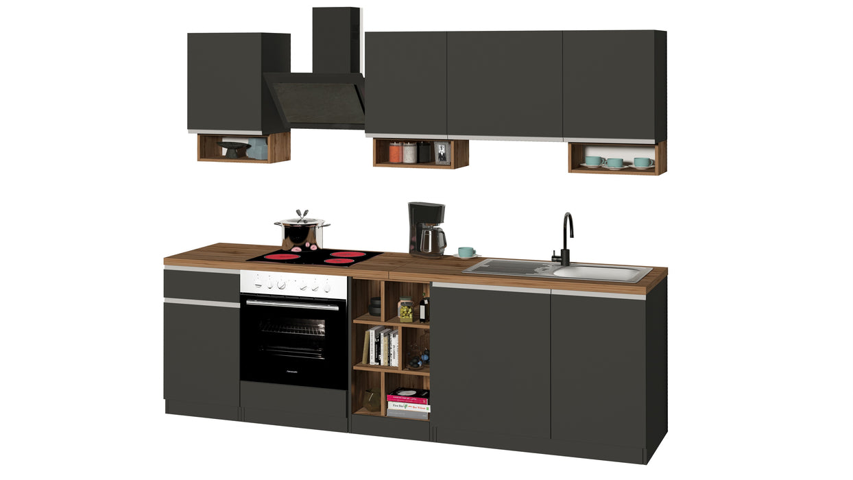 Cucina Lineare SOLE 256 cm - Antracite/Rovere Wotan, Top 35 mm