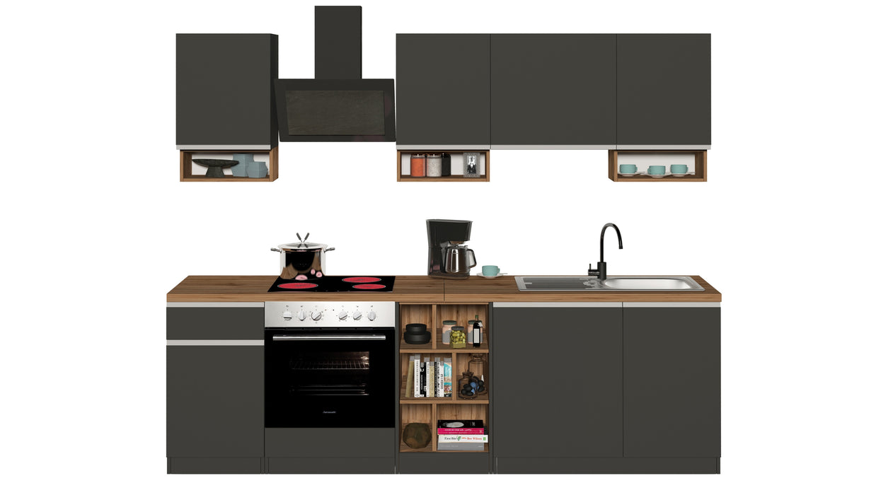 Cucina Lineare SOLE 256 cm - Antracite/Rovere Wotan, Top 35 mm
