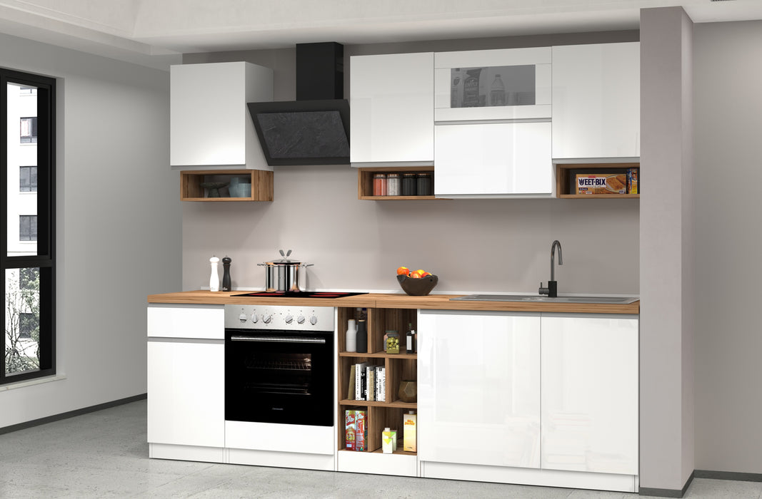 Cucina Lineare SOLE 256 cm - Bianco Lucido e Rovere, Design Moderno