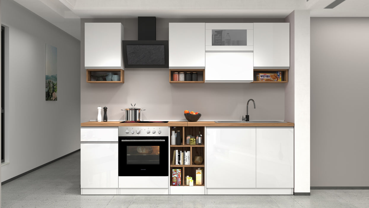 Cucina Lineare SOLE 256 cm - Bianco Lucido e Rovere, Design Moderno
