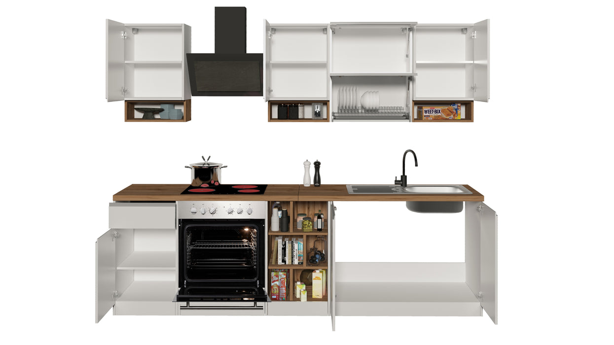 Cucina Lineare SOLE 256 cm - Bianco Lucido e Rovere, Design Moderno