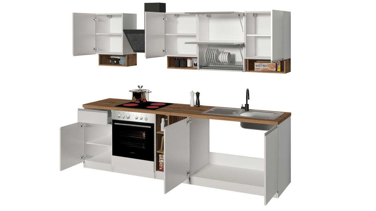 Cucina Lineare SOLE 256 cm - Bianco Lucido e Rovere, Design Moderno