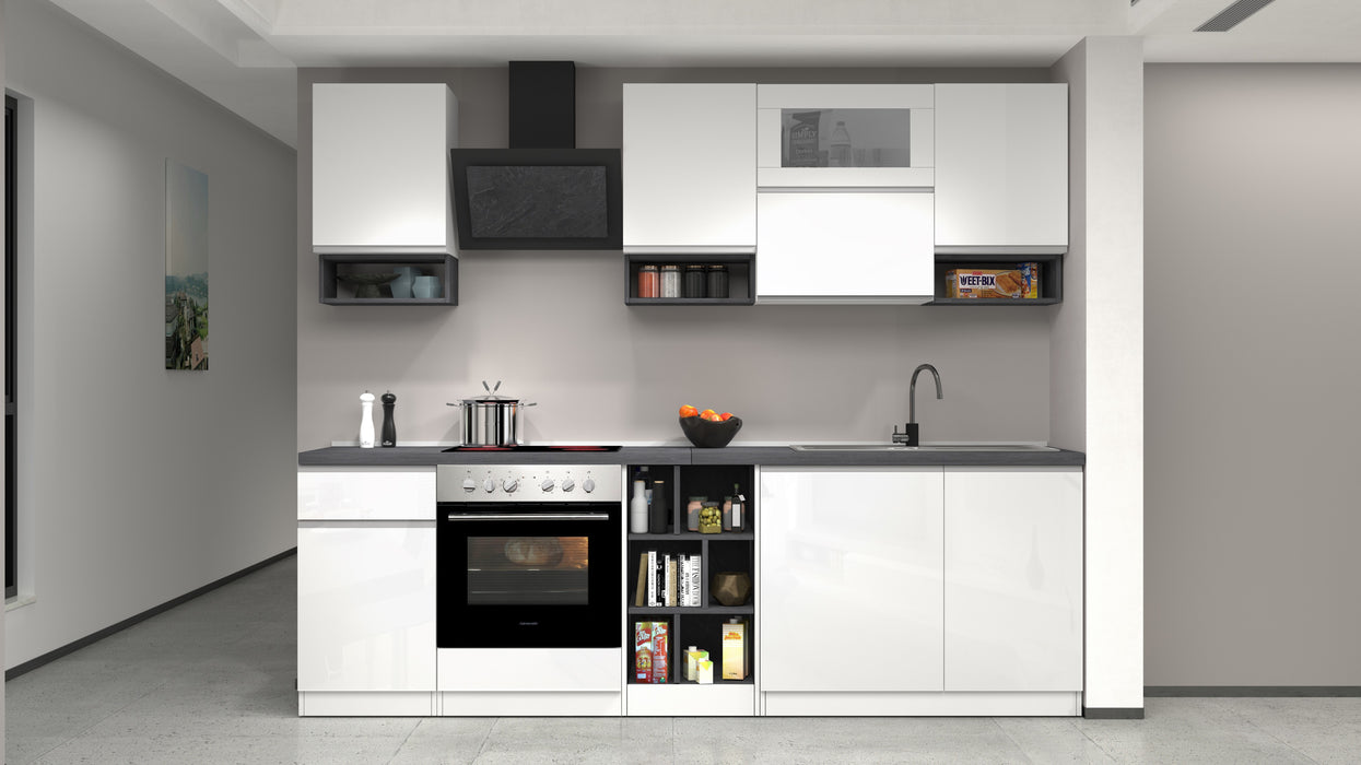 Cucina Lineare SOLE 256 cm - Bianco e Report, Design Moderno Made in Italy