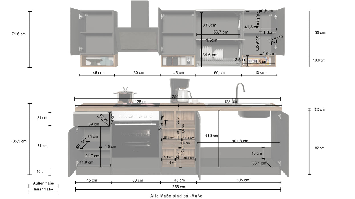 Cucina Lineare SOLE 256 cm - Bianco e Report, Design Moderno Made in Italy