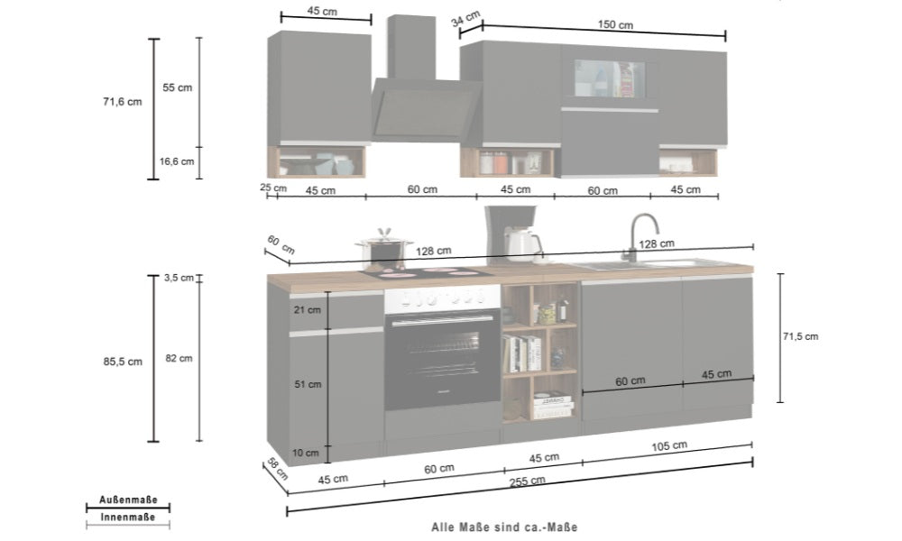 Cucina Lineare SOLE 256 cm - Bianco Lucido e Rovere, Design Moderno