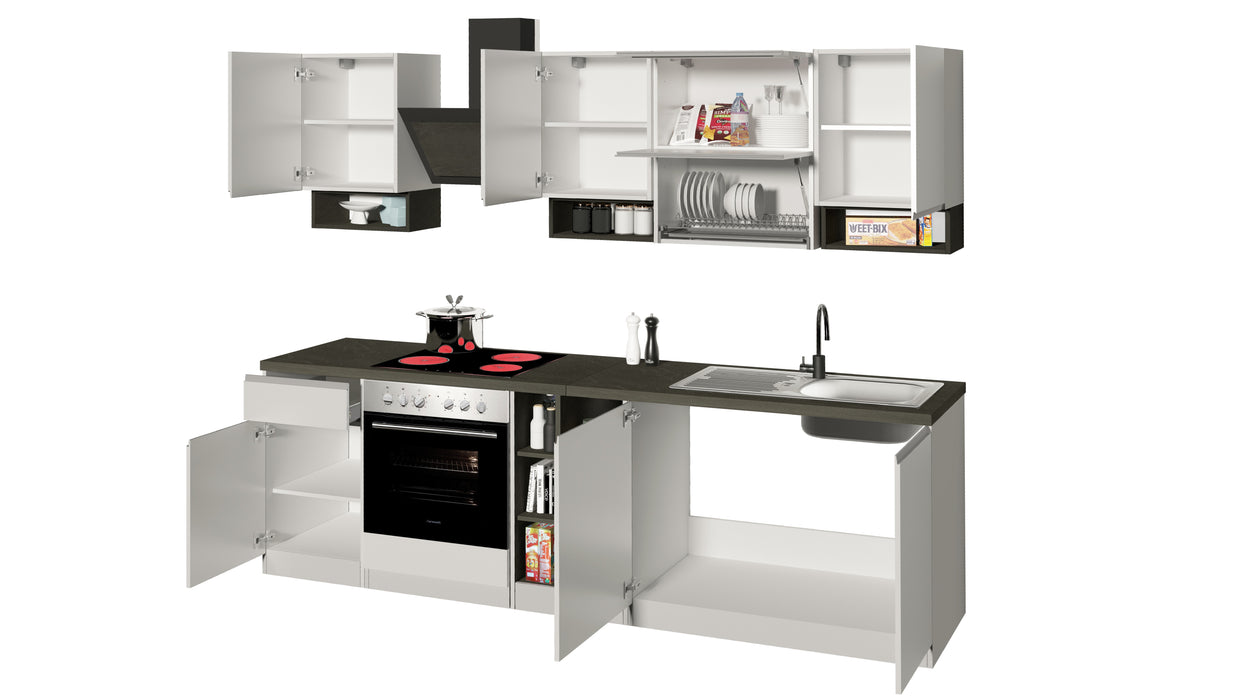 Cucina Lineare SOLE 256 cm - Bianco e Report, Design Moderno Made in Italy