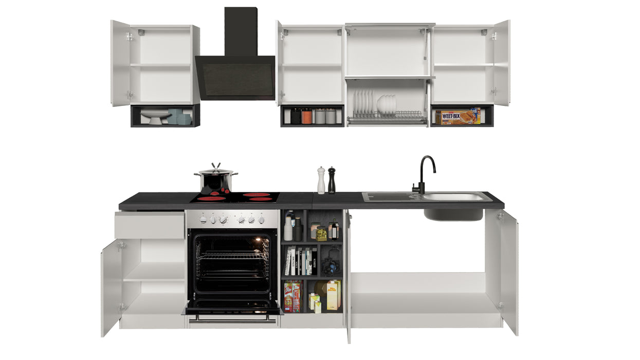 Cucina Lineare SOLE 256 cm - Bianco e Report, Design Moderno Made in Italy