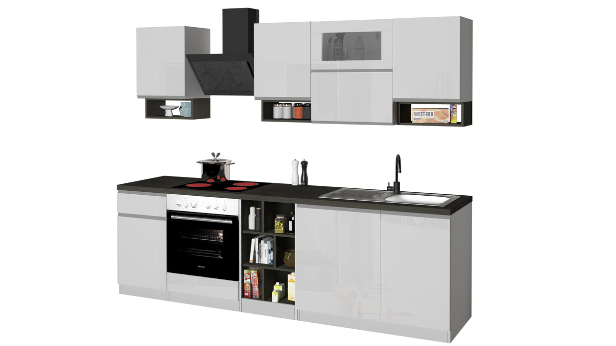 Cucina Lineare SOLE 256 cm - Bianco e Report, Design Moderno Made in Italy