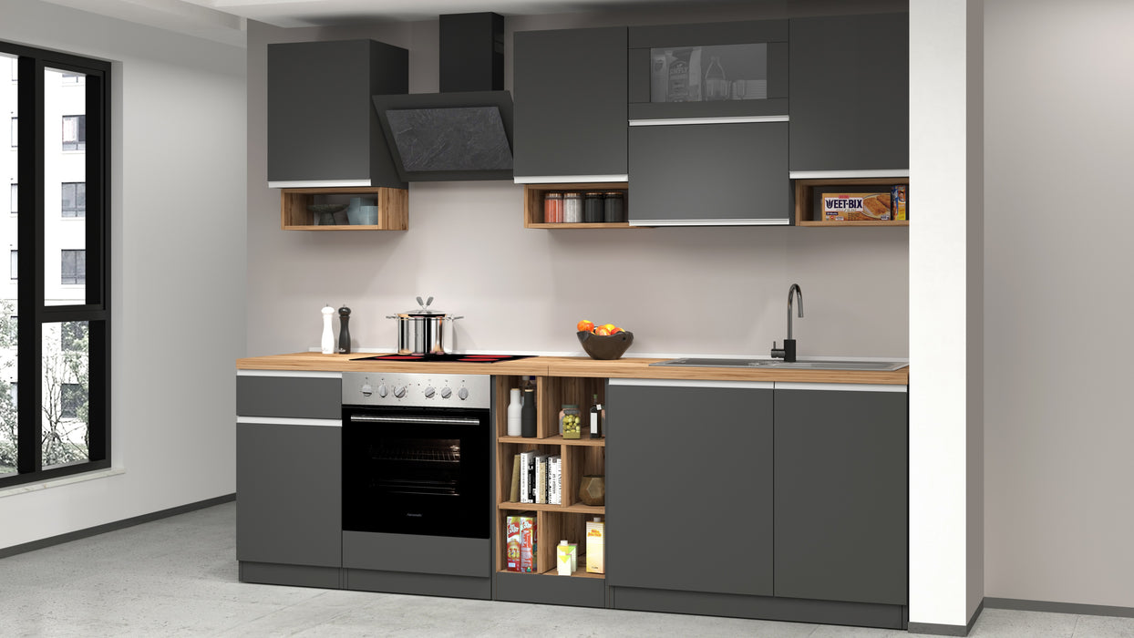 Cucina Lineare SOLE 256 cm - Antracite e Rovere Wotan, Design Moderno