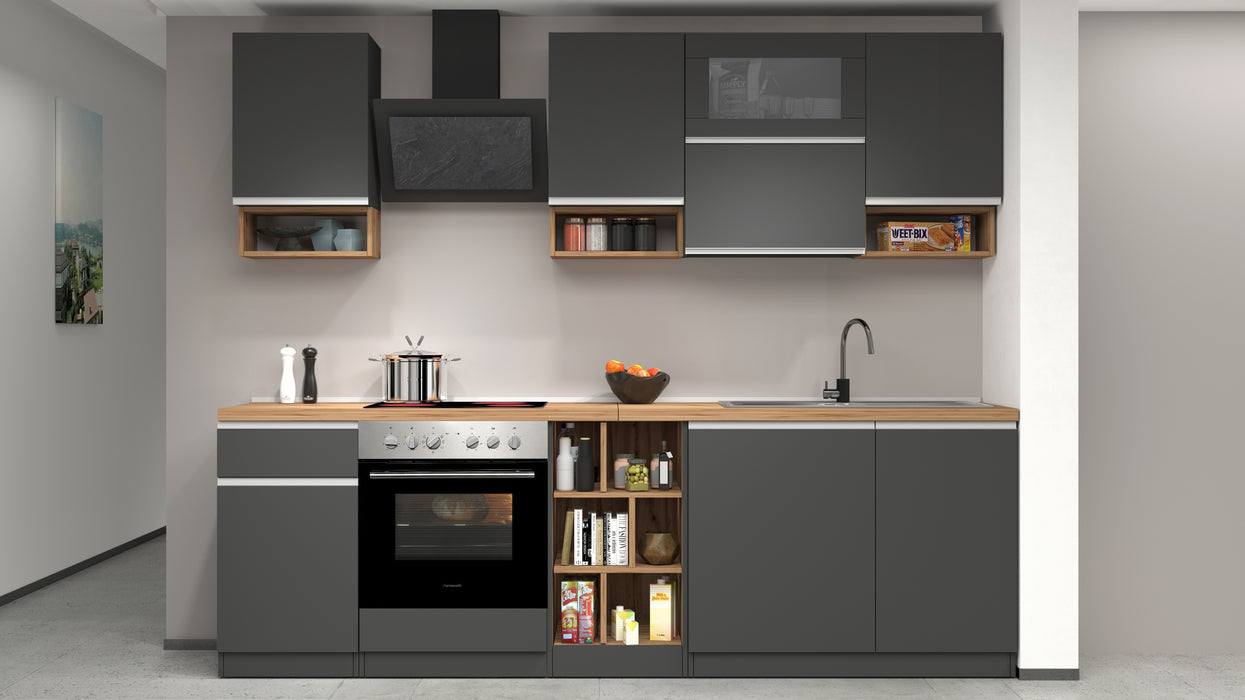 Cucina Lineare SOLE 256 cm - Antracite e Rovere Wotan, Design Moderno