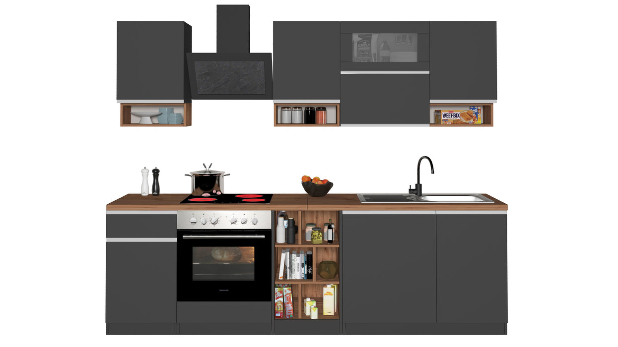 Cucina Lineare SOLE 256 cm - Antracite e Rovere Wotan, Design Moderno
