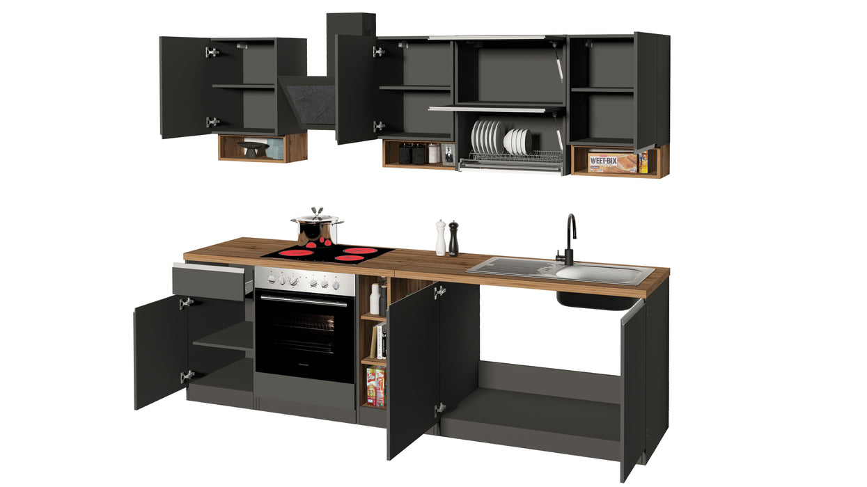 Cucina Lineare SOLE 256 cm - Antracite e Rovere Wotan, Design Moderno