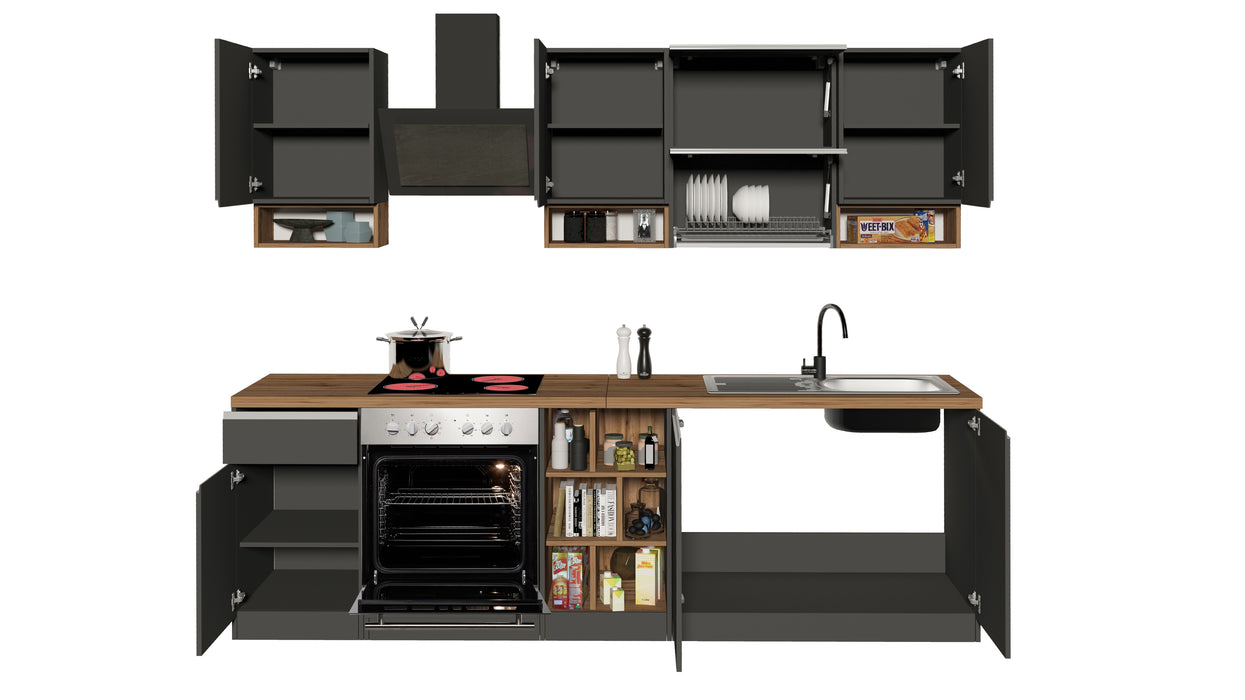 Cucina Lineare SOLE 256 cm - Antracite e Rovere Wotan, Design Moderno
