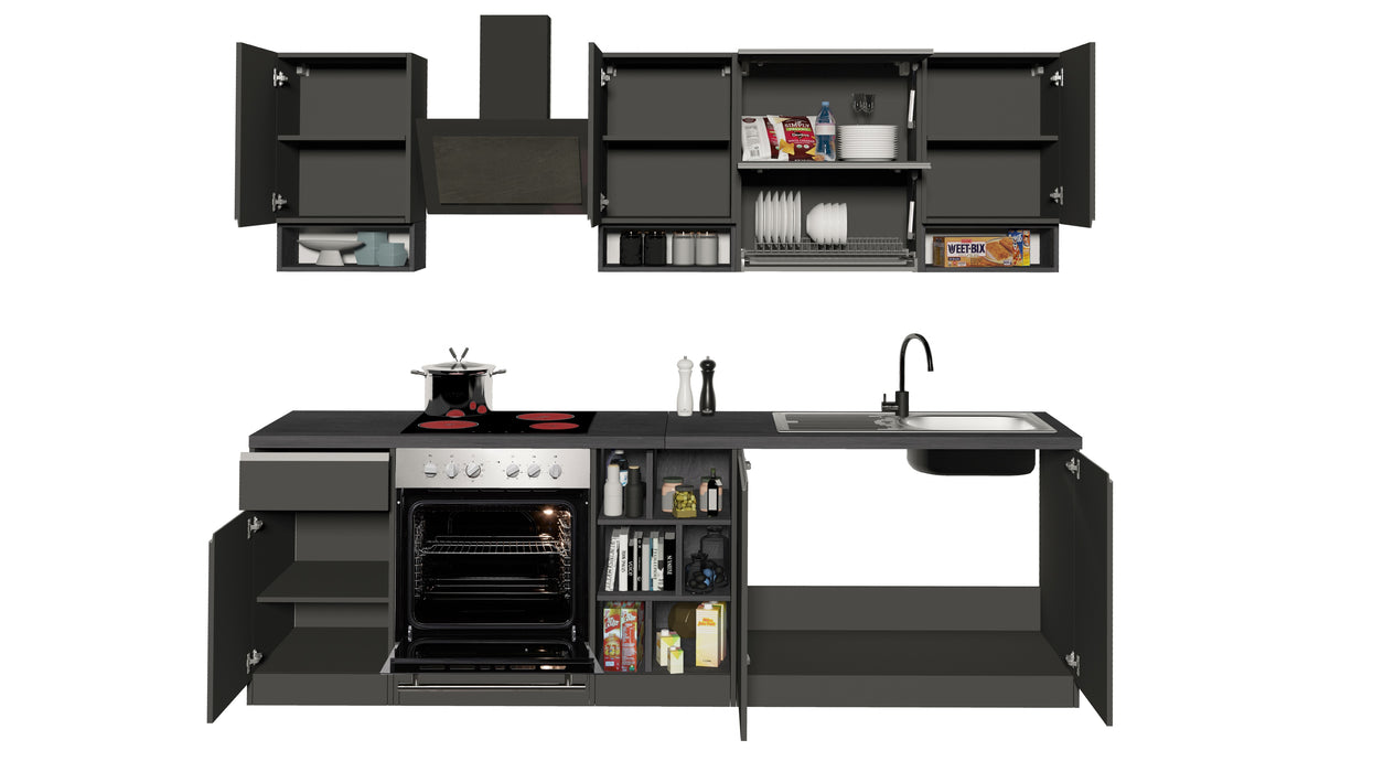Cucina Lineare SOLE 256 cm - Antracite/Report e Legno Chiaro, Made in Italy