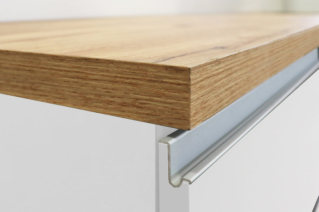 Cucina Lineare Moderna SOLE 256 cm – Bianco Lucido e Rovere, Soft Close