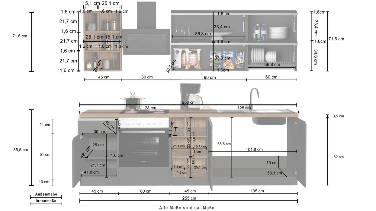 Cucina Lineare Moderna SOLE 256 cm – Bianco Lucido e Rovere, Soft Close