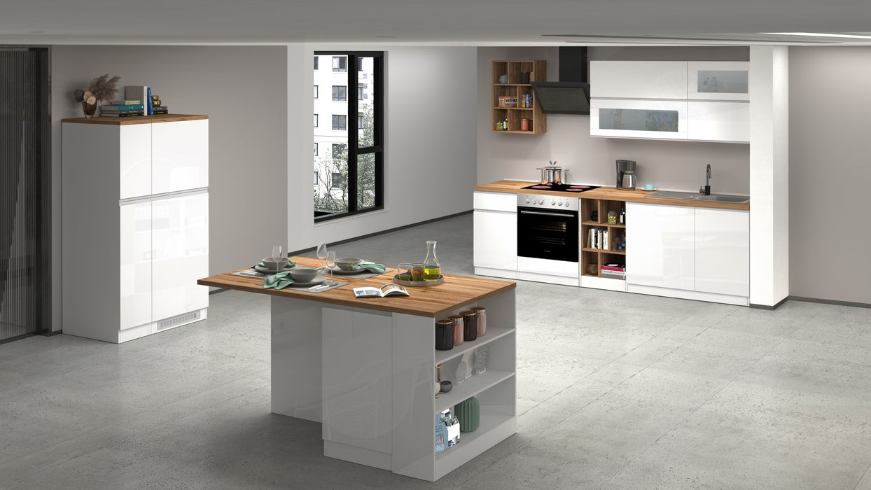 Cucina Lineare Moderna SOLE 256 cm – Bianco Lucido e Rovere, Soft Close