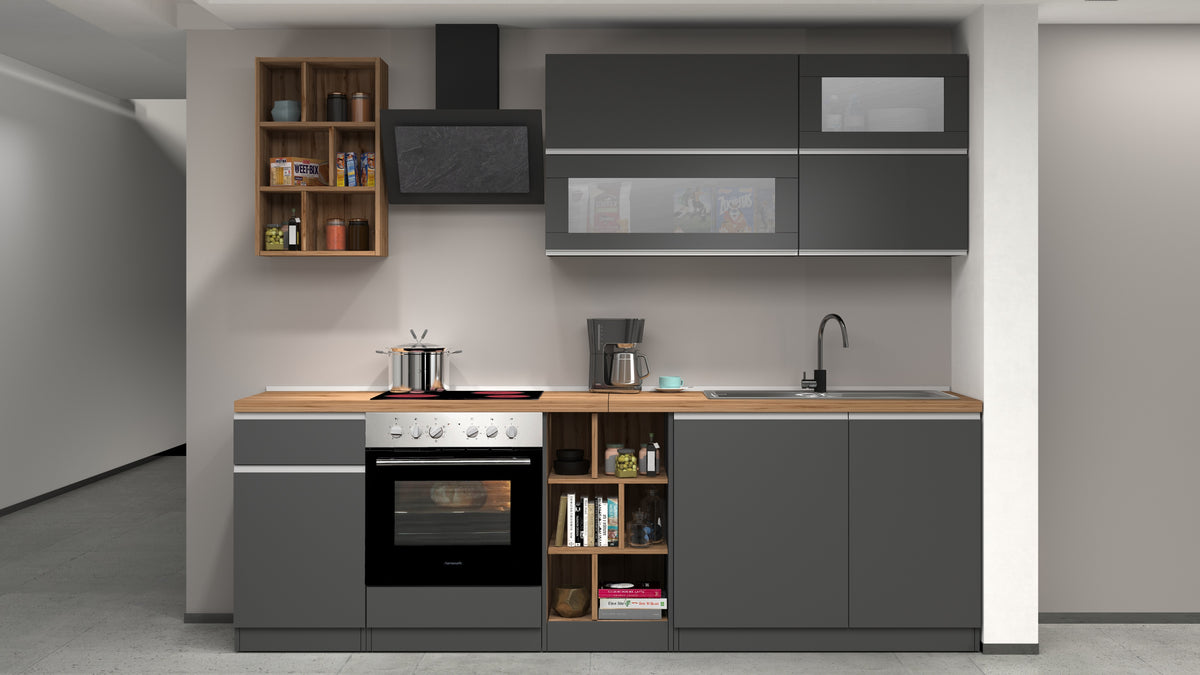 Cucina Lineare Moderna SOLE 256 cm – Antracite/Rovere, Soft Close, Made in Italy