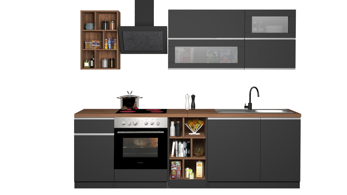 Cucina Lineare Moderna SOLE 256 cm – Antracite/Rovere, Soft Close, Made in Italy