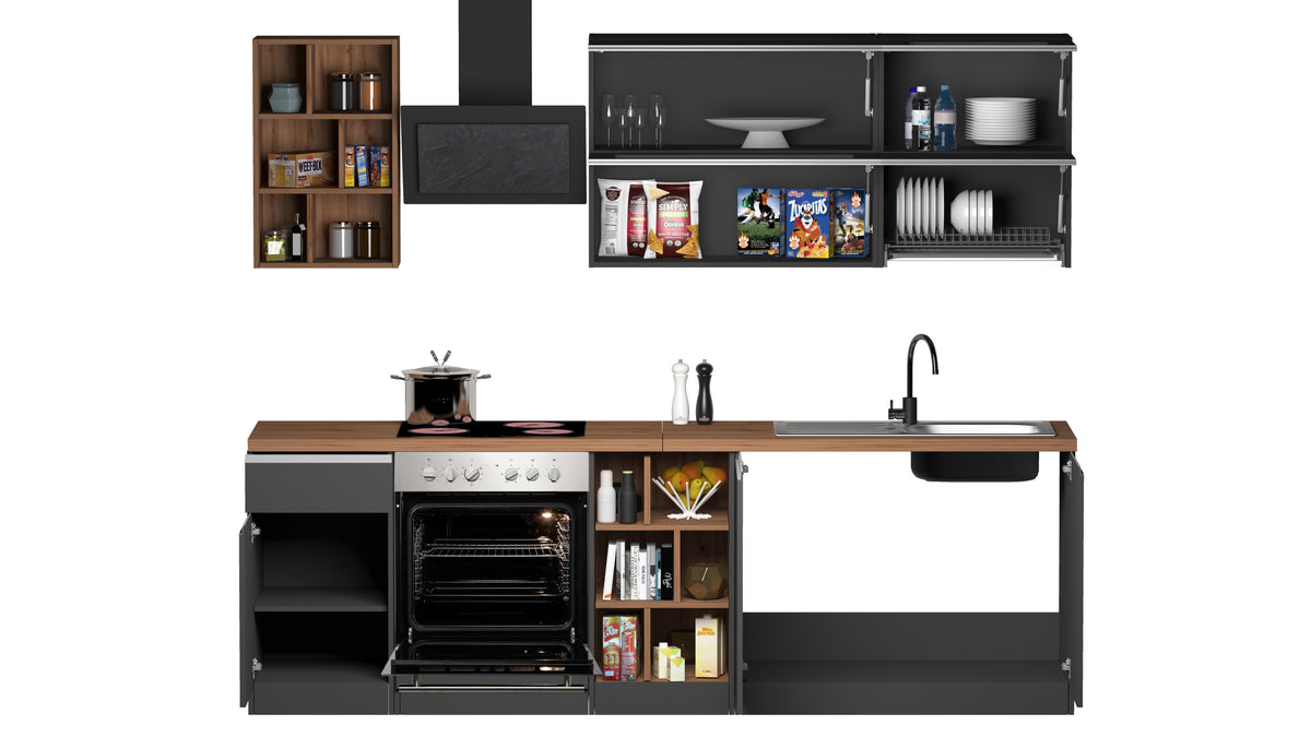 Cucina Lineare Moderna SOLE 256 cm – Antracite/Rovere, Soft Close, Made in Italy