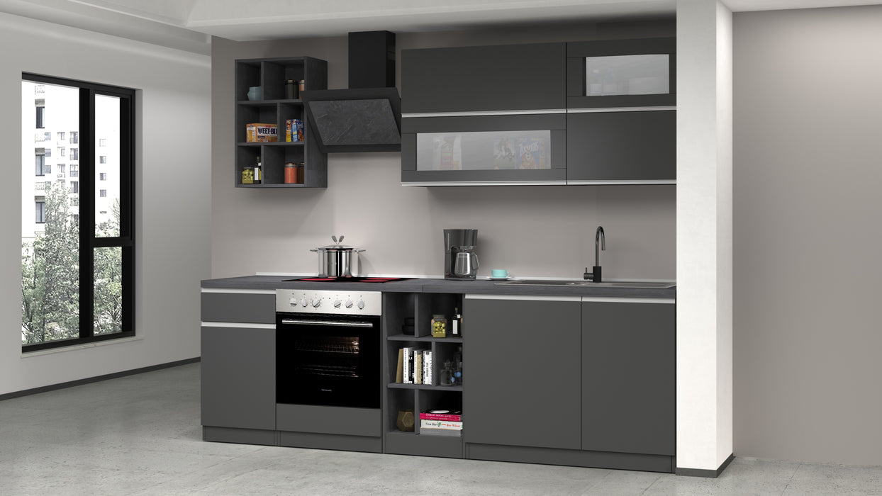 Cucina Lineare Moderna Antracite  SOLE 256 cm – Soft Close, Lavello Incluso, Made in Italy