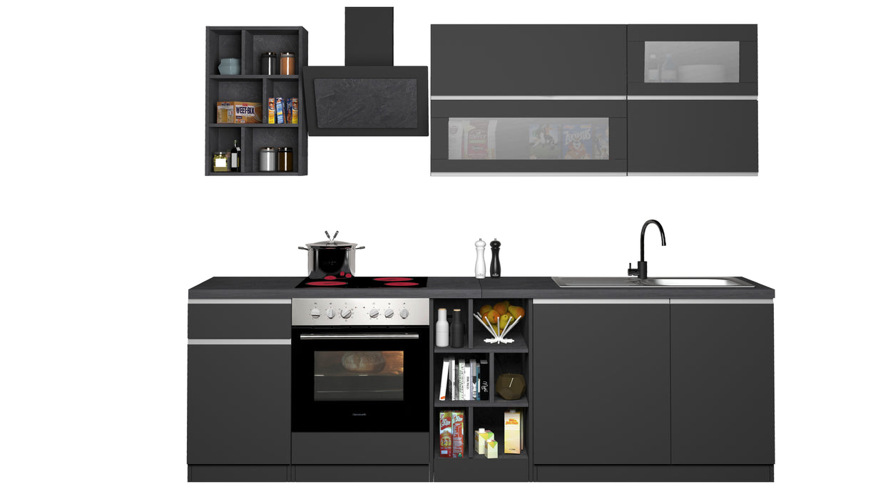 Cucina Lineare Moderna Antracite  SOLE 256 cm – Soft Close, Lavello Incluso, Made in Italy