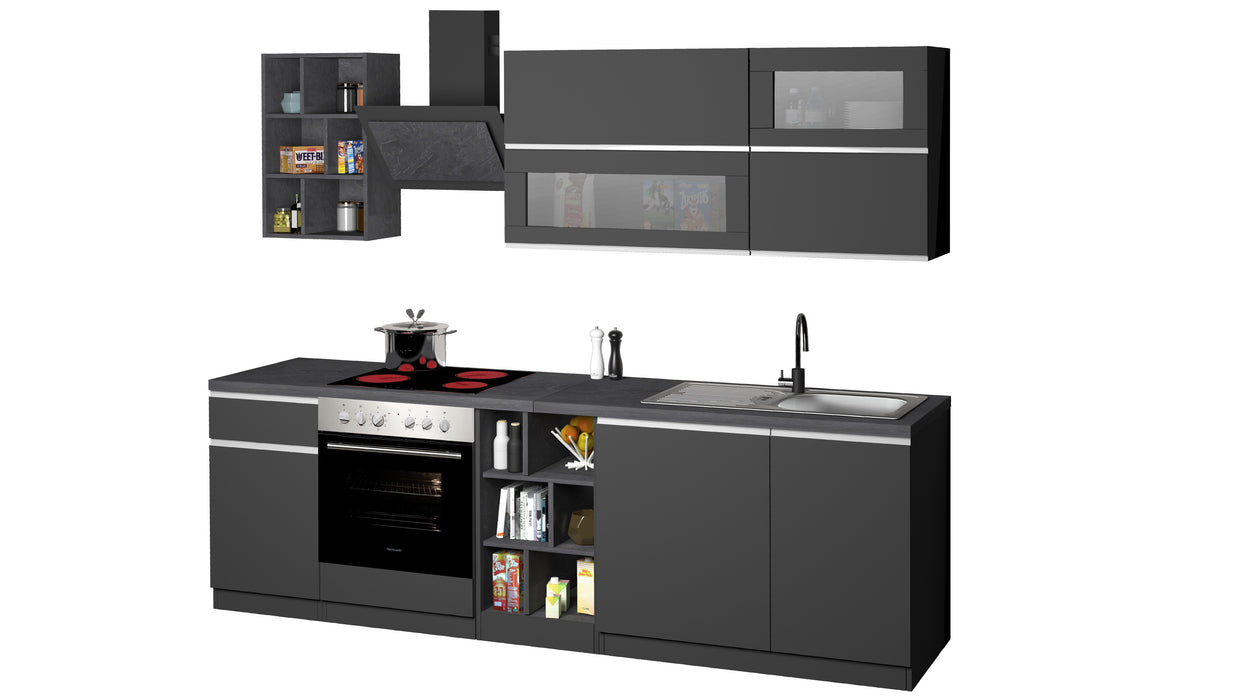 Cucina Lineare Moderna Antracite  SOLE 256 cm – Soft Close, Lavello Incluso, Made in Italy