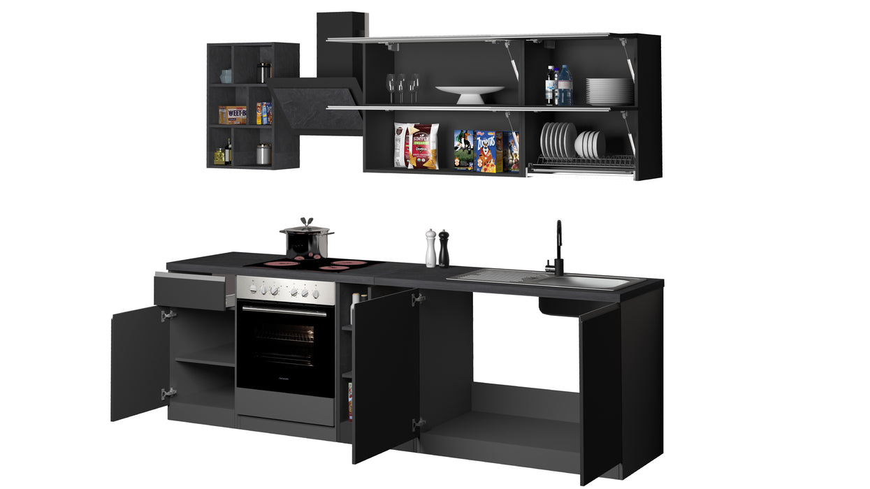 Cucina Lineare Moderna Antracite  SOLE 256 cm – Soft Close, Lavello Incluso, Made in Italy