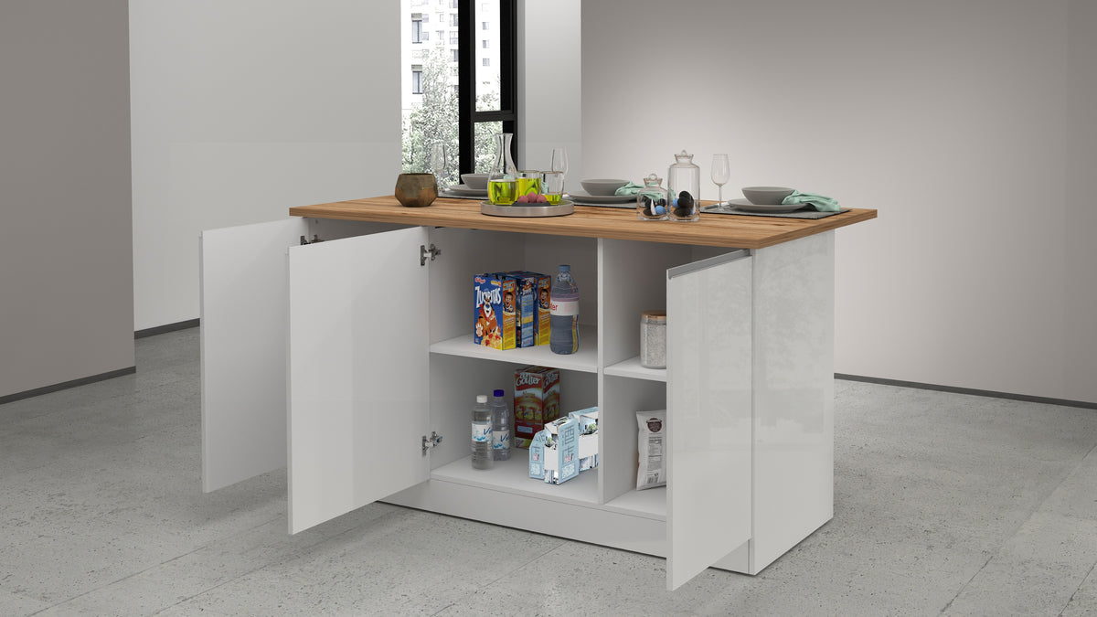 Isola Cucina SOLE 3 Ante – Bianco Lucido/Rovere, 155x90x90 cm, Made in Italy