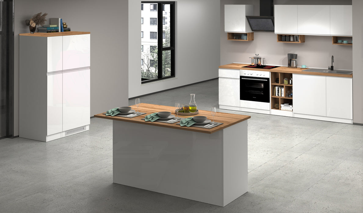 Isola Cucina SOLE 3 Ante – Bianco Lucido/Rovere, 155x90x90 cm, Made in Italy
