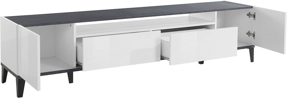 Porta TV SUNRISE 200 cm - Bianco/ardesia, con 2 vani e 2 cassetti