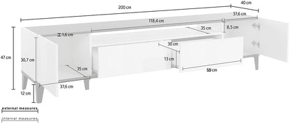 Porta TV SUNRISE 200 cm - Bianco/acero, con 2 vani e 2 cassetti