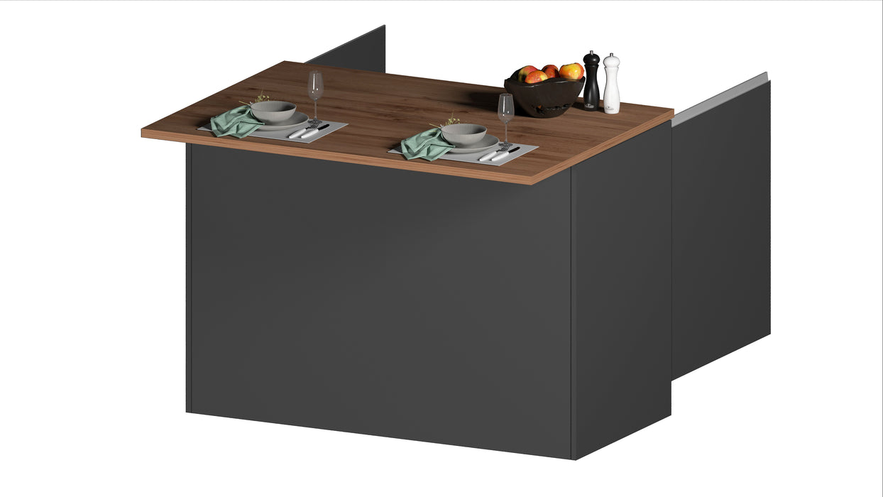 Vista dall’alto dell’Isola Cucina SOLE 2 Ante con piano snack apparecchiato, design compatto e moderno Made in Italy.