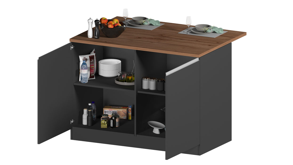 Interno dell'Isola Cucina SOLE con 4 vani capienti per stoviglie e alimenti, struttura in Antracite/Rovere Wotan.