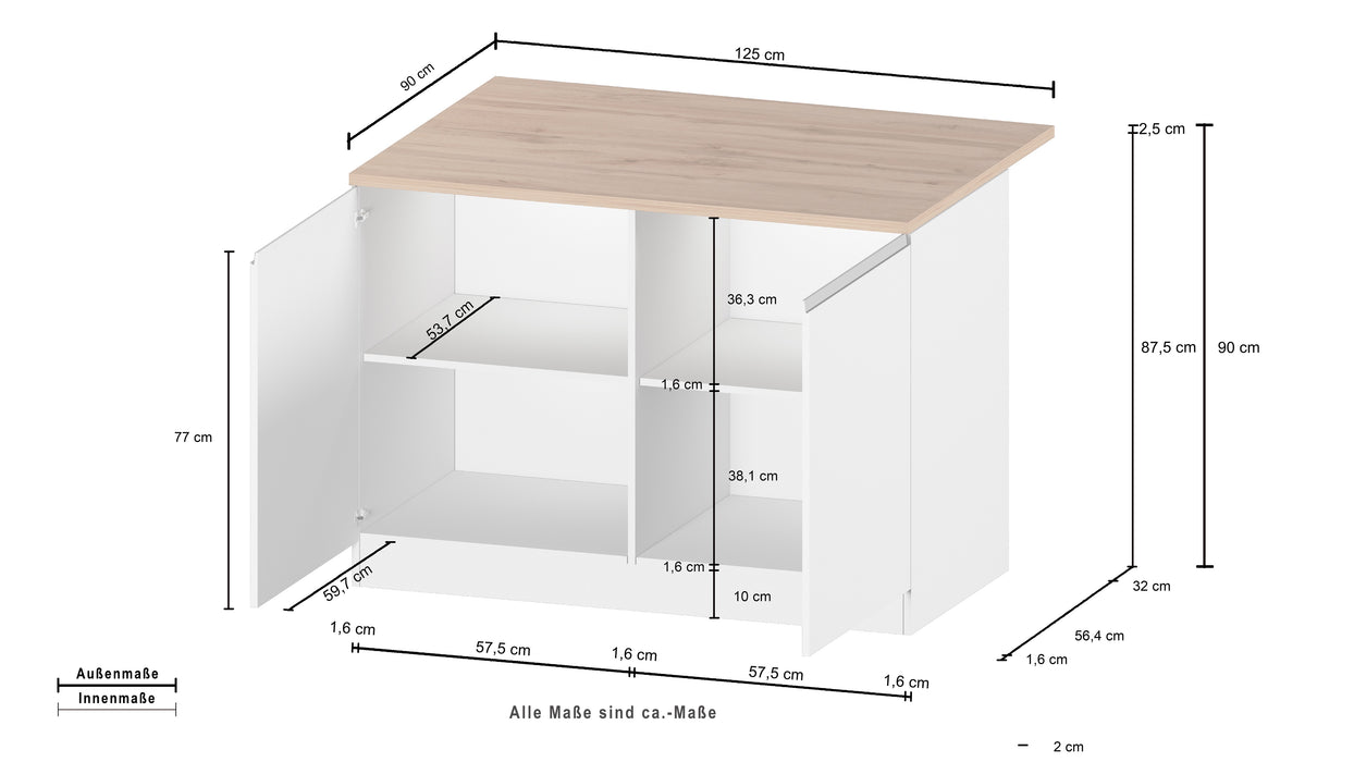 Schema tecnico dell'Isola Cucina SOLE 2 Ante, dimensioni 125x90x90 cm, con dettagli di scaffali e misure precise.