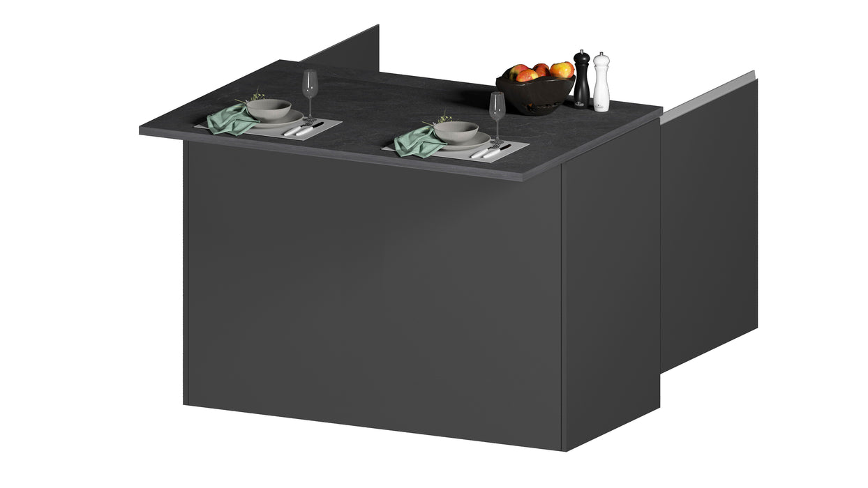 Vista dall'alto dell'Isola Cucina SOLE 2 Ante in Antracite/Report, con dettagli di arredo e piano funzionale.