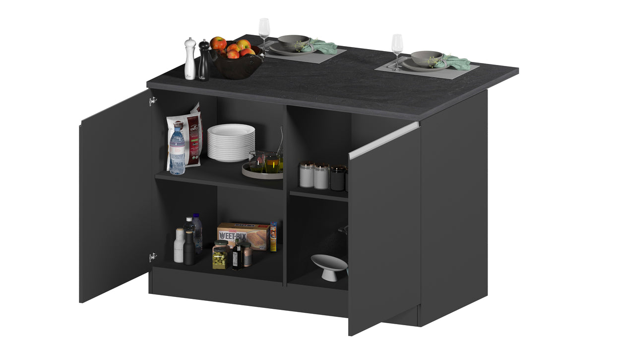 Interno dell'Isola Cucina SOLE 2 Ante, con scaffali spaziosi per organizzare utensili e alimenti in cucina.