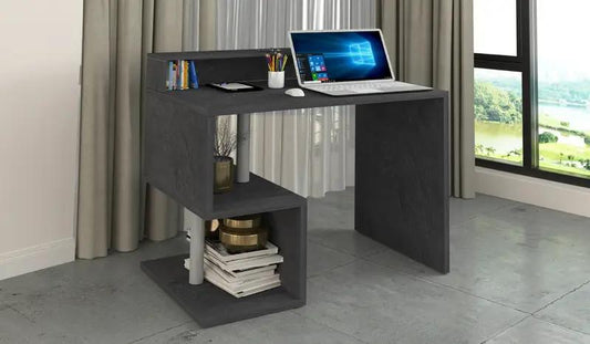 Scrivania a S Esse 100 in finitura grigio scuro con design compatto, sopralzo e vani portaoggetti. Ideale per casa e ufficio.