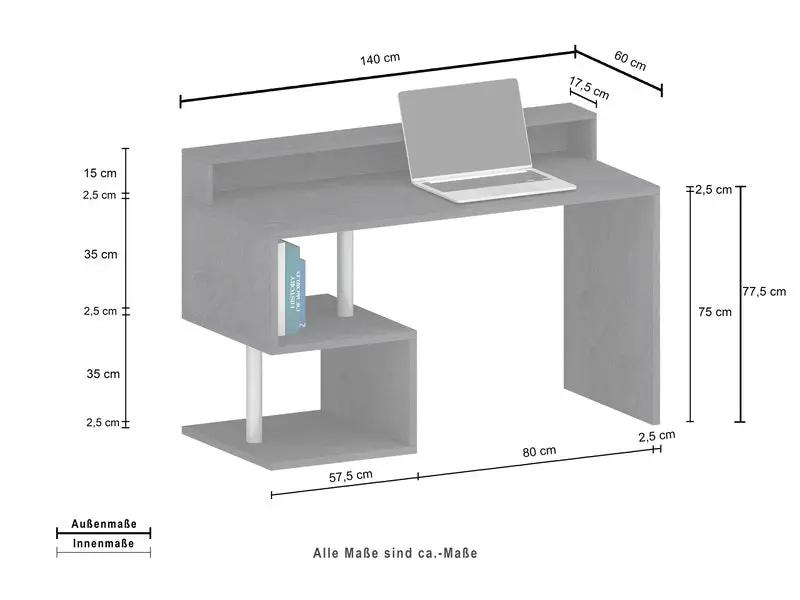 Scrivania ESSE 140 grigia con misure dettagliate, design a 'S' e sopralzo. Ideale per spazi di lavoro moderni e compatti.